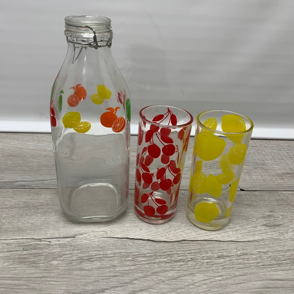 Vintage Fruit Print Glass Juice Set Swing Top Carafe and 2 Juice Glasses Retro
